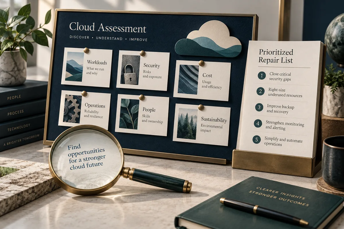 An assessment board and evidence cards illustrate tracing recommendations to workload facts