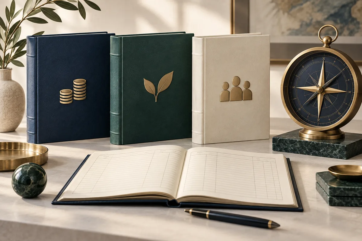 Finance portfolios, a controller ledger and an executive compass illustrate different responsibilities