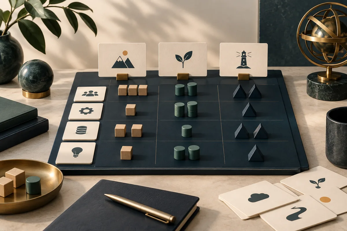 A scenario board and assumption cards illustrate making financial planning choices explicit
