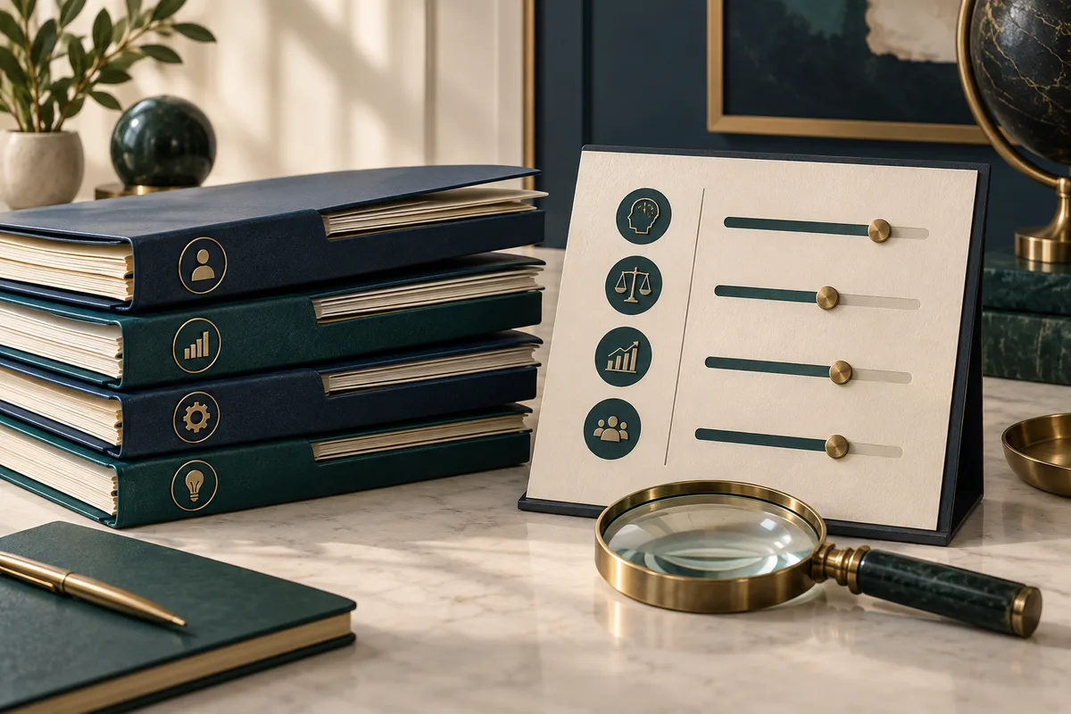 Evidence folders and a magnifying glass illustrate examining a CFO candidate's judgment