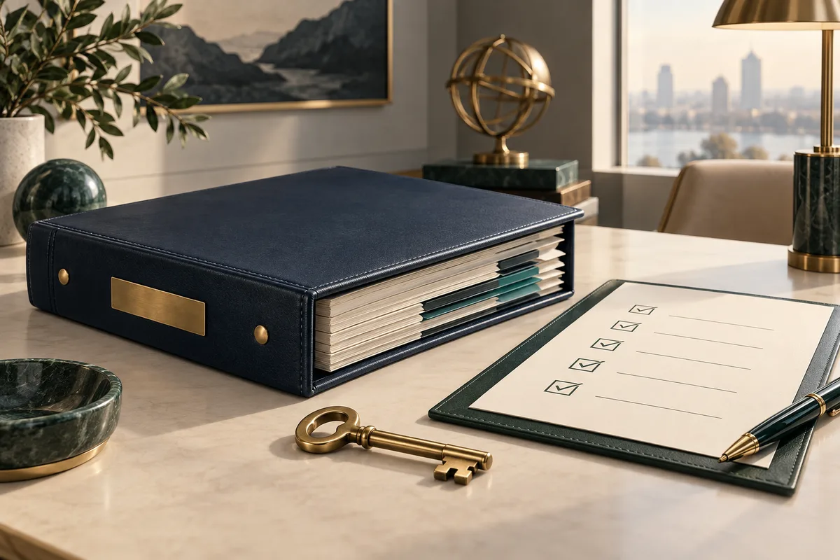 A finance binder, controls checklist and key illustrate a documented financial leadership handover