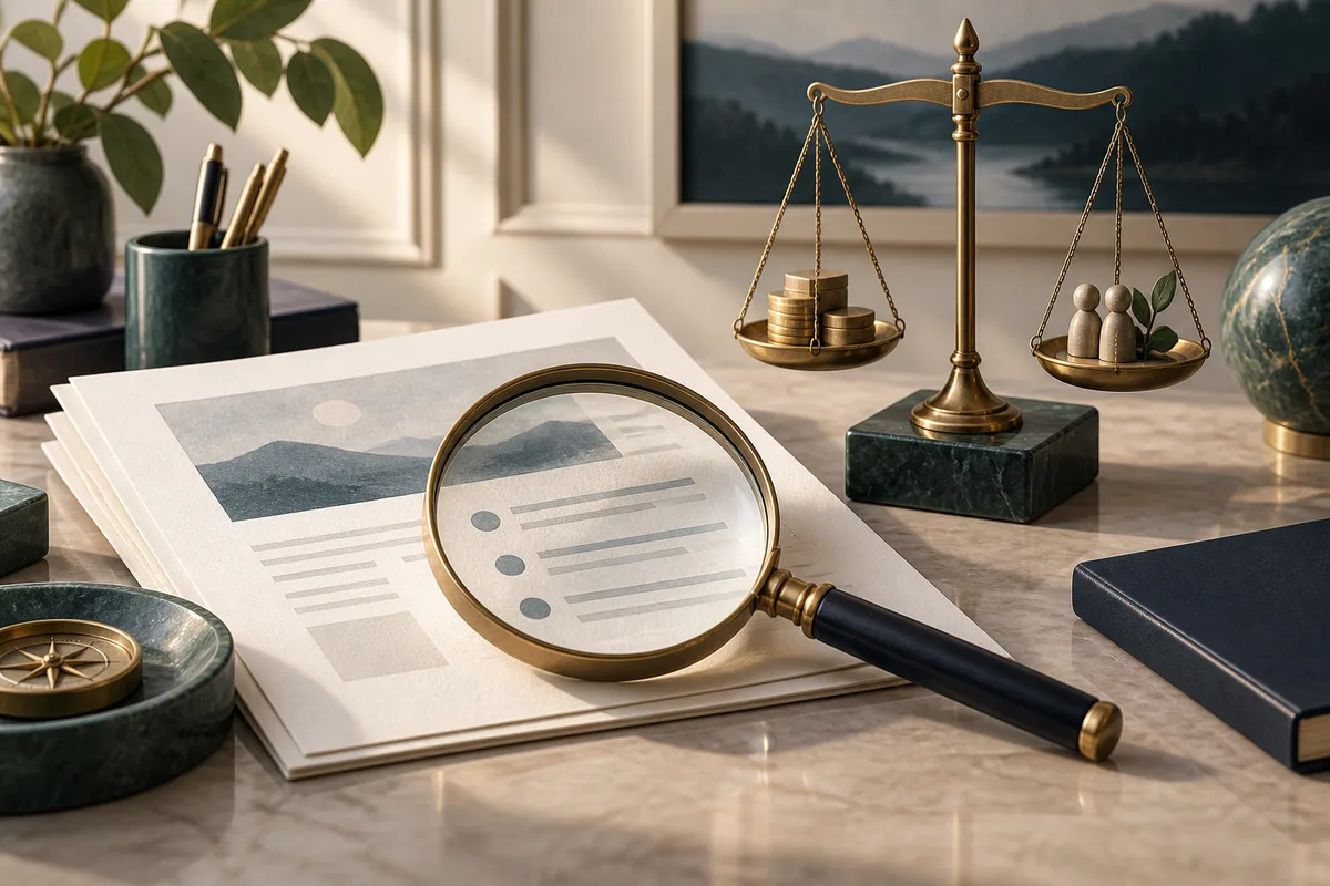 A proposal under a magnifying glass and a balance illustrate reviewing supplier incentives