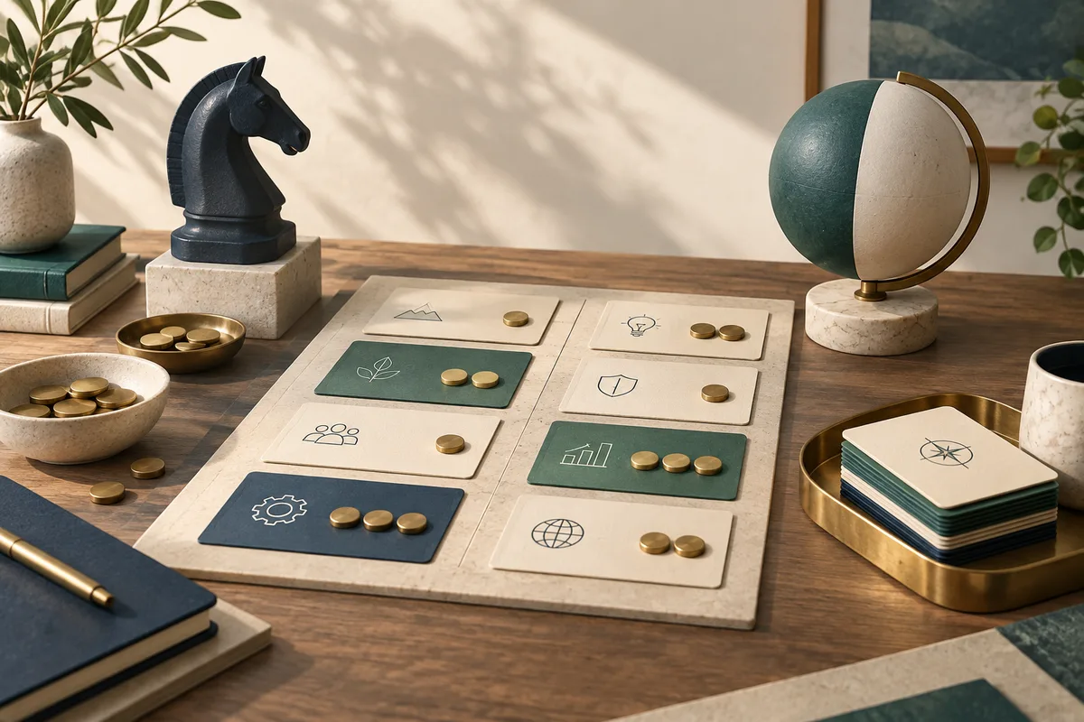 An investment planning board and capacity tokens illustrate matching commitments to available resources