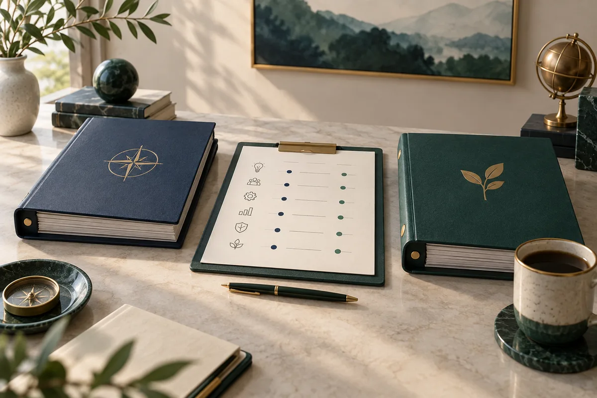 Two proposal binders and a scorecard illustrate comparing evidence consistently