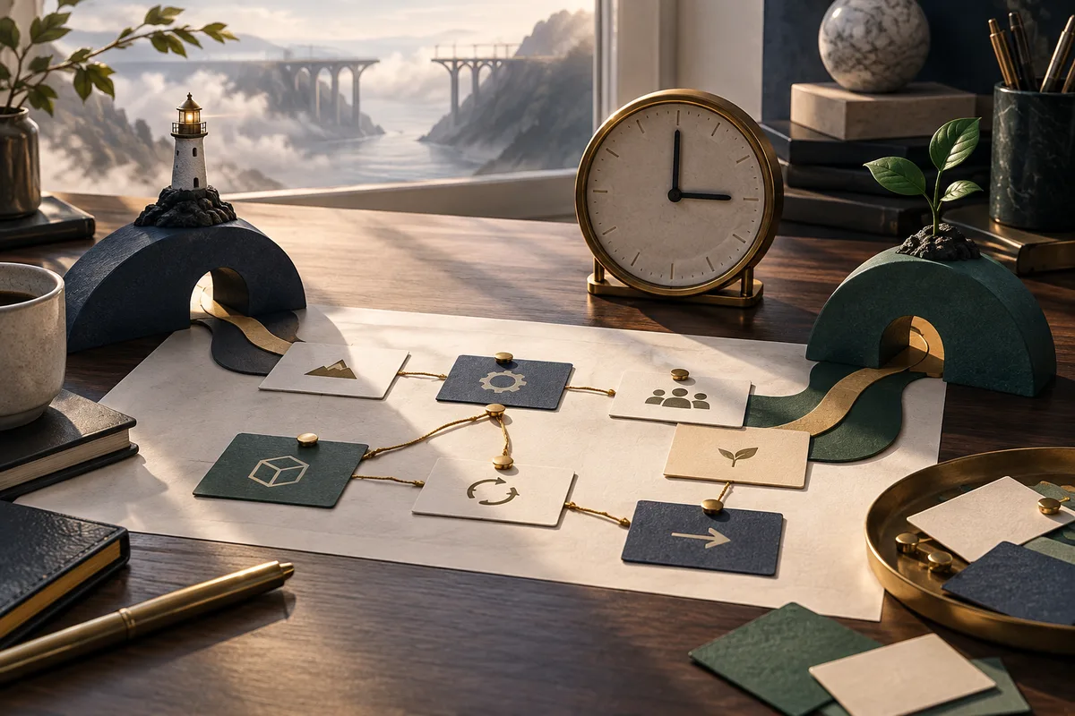 Release-planning cards and a paused clock illustrate decisions during a leadership transition