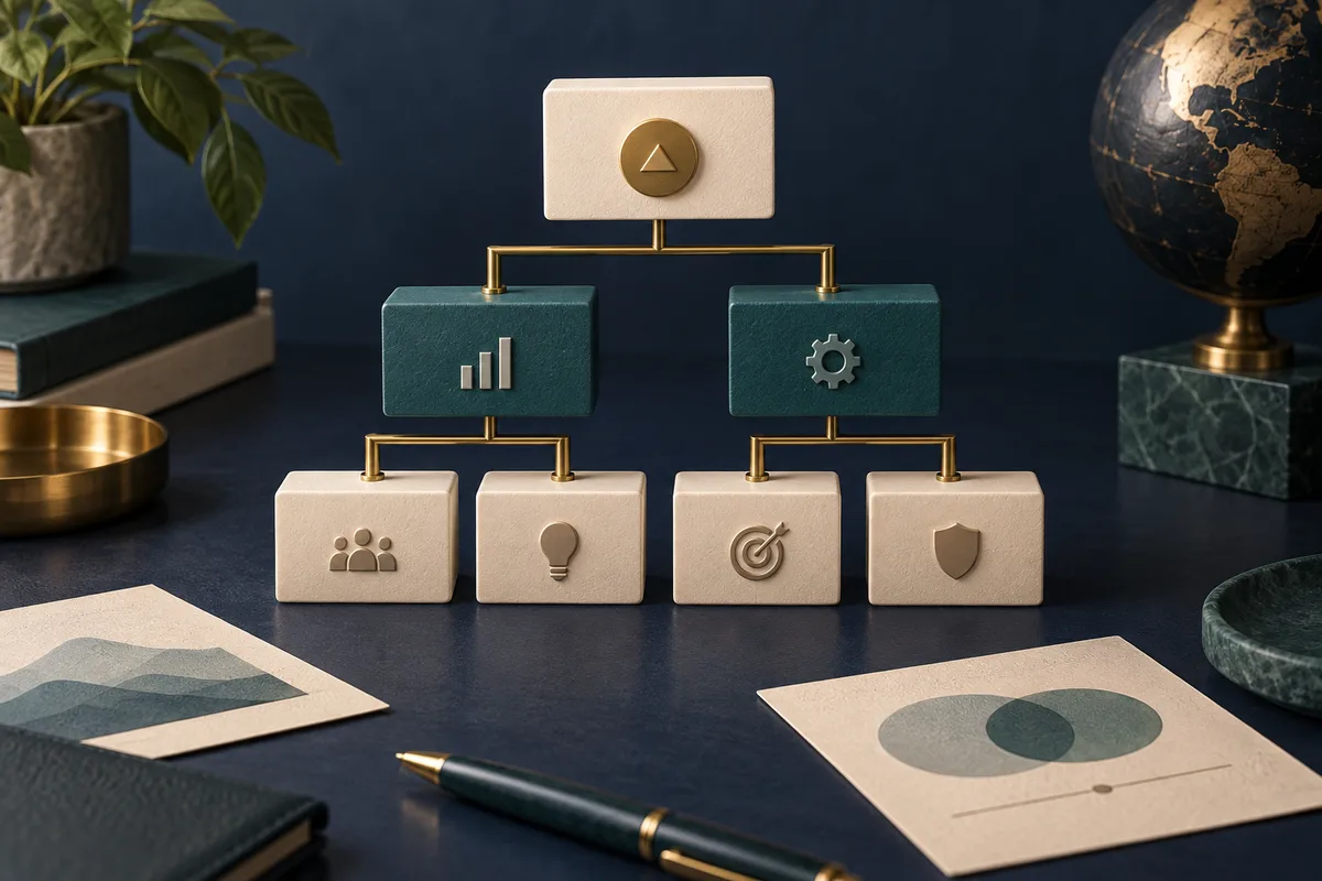 An illustrative hierarchy of role blocks makes reporting and decision relationships visible