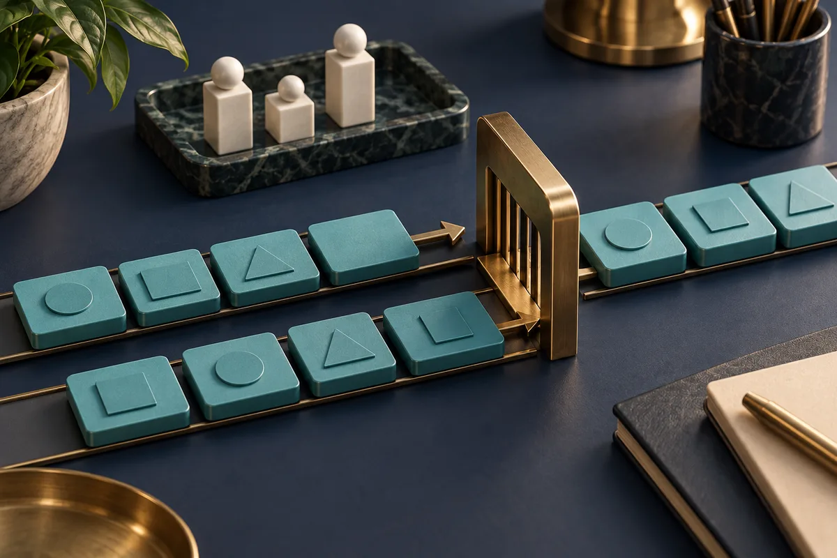 Task tiles and resource blocks illustrate work competing for a constrained operating step