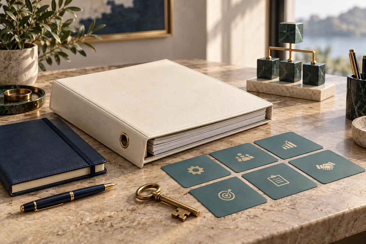 An operations binder, responsibility cards and a key illustrate an organised leadership handover