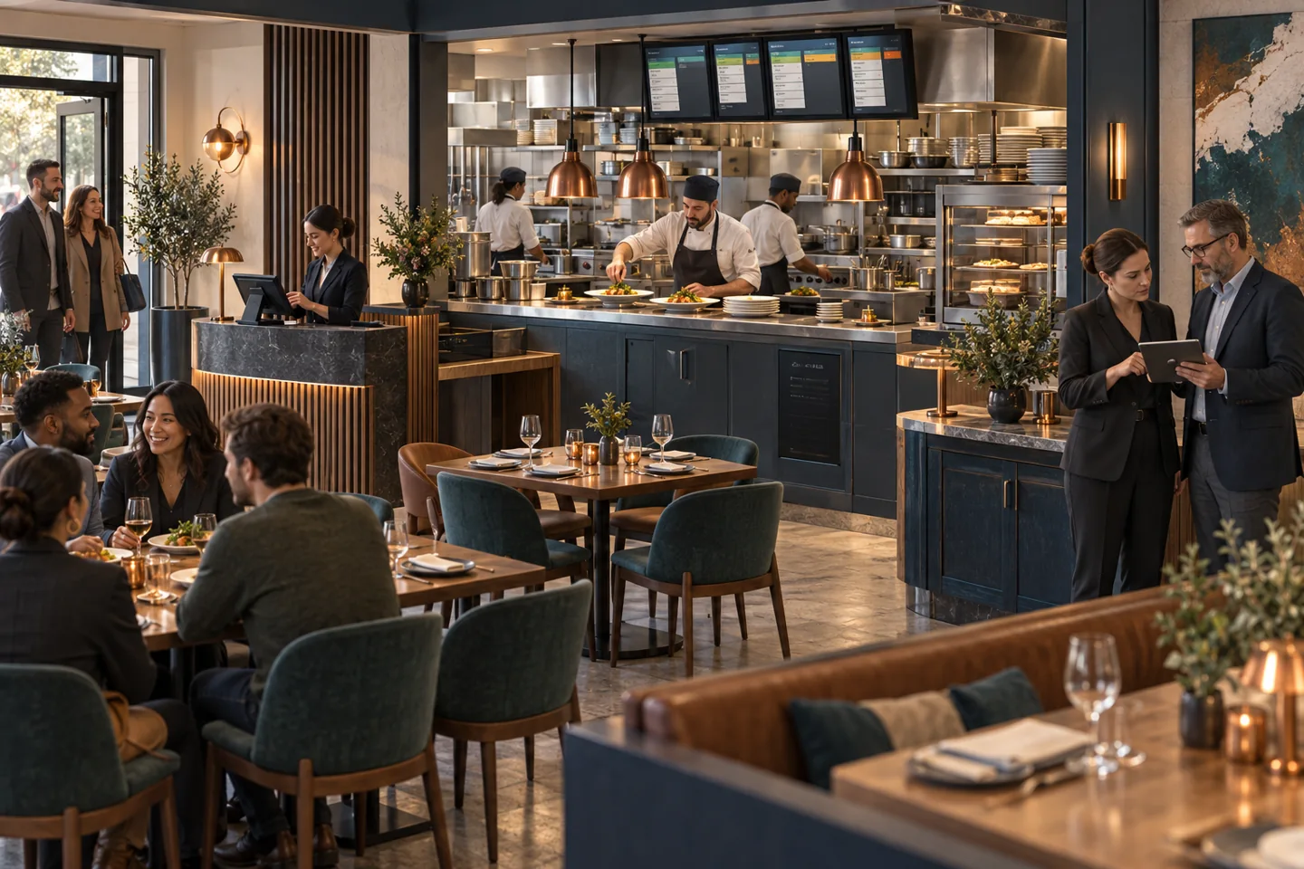 A restaurant manager and technology adviser review a tablet beside the kitchen pass