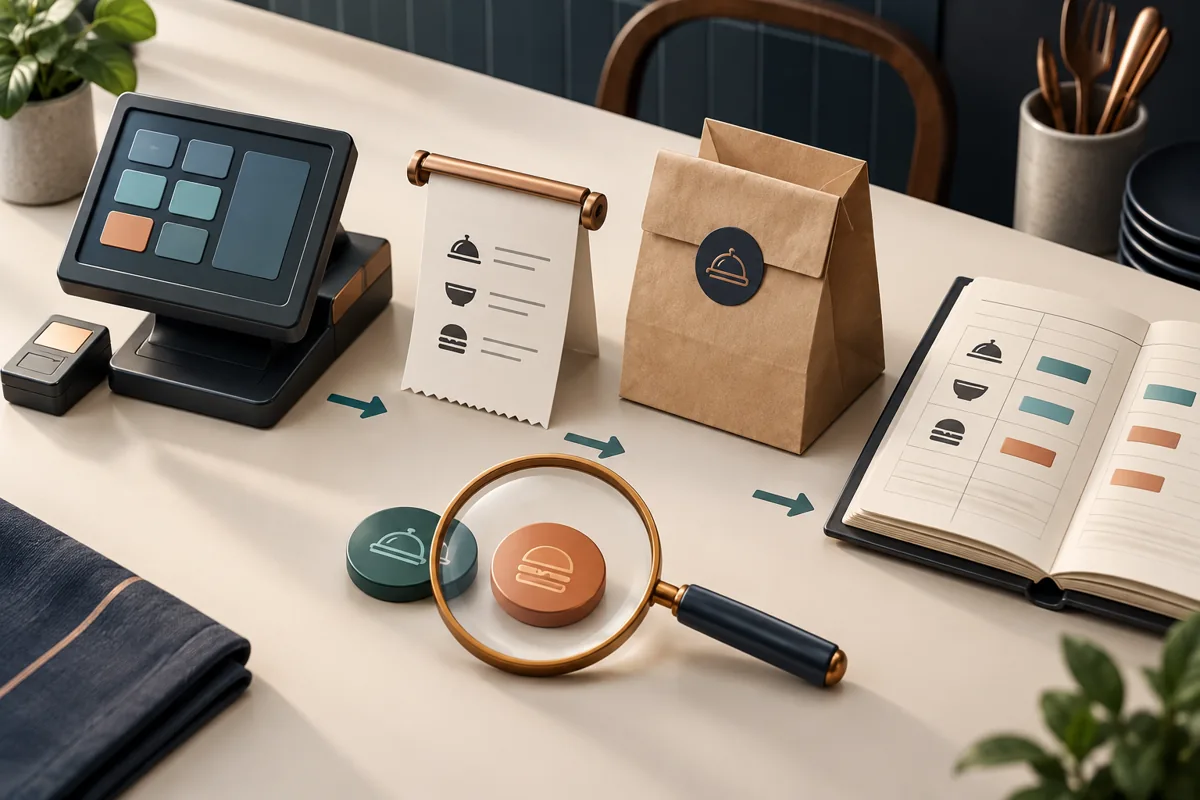 A point-of-sale terminal, kitchen ticket, takeaway bag and ledger illustrate order reconciliation
