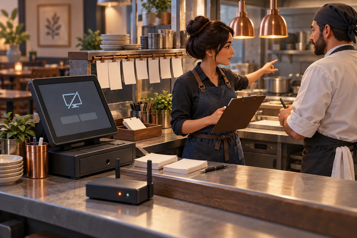 A restaurant manager and chef rehearse a manual order workflow beside an offline terminal