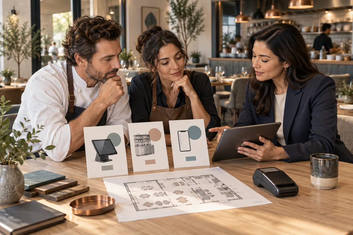 Restaurant operators and a technology adviser compare vendor proposals and a floor plan