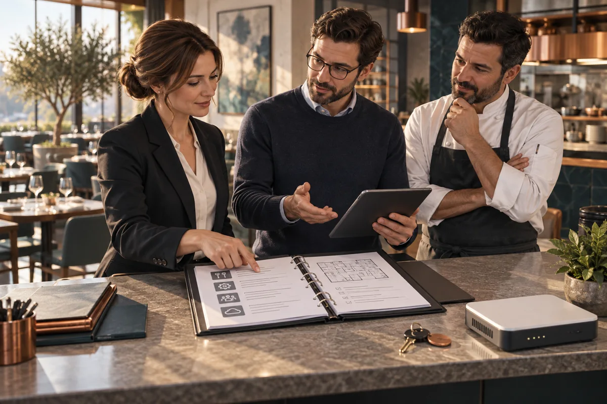 A manager, chef and technology adviser review an operations binder during handover