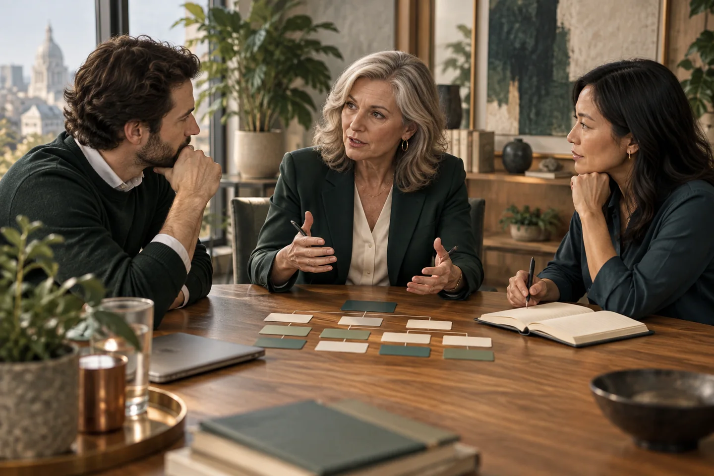 A people leader discusses workforce priorities with two company executives
