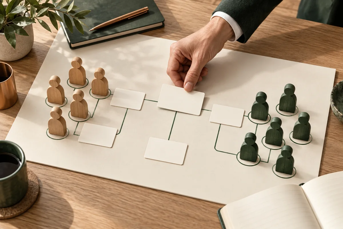 Role cards and wooden figures illustrate a discussion about organisation responsibilities