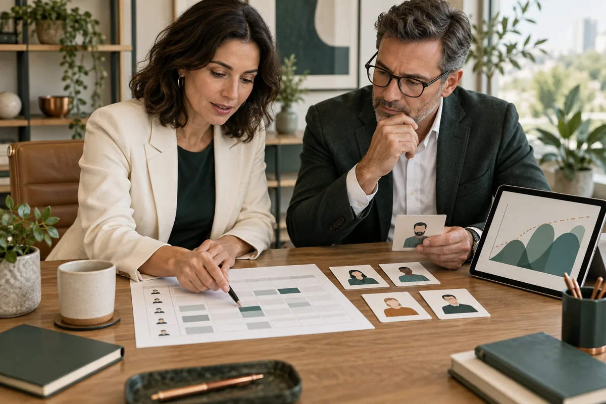 People and finance leaders review a workforce-planning worksheet and role cards