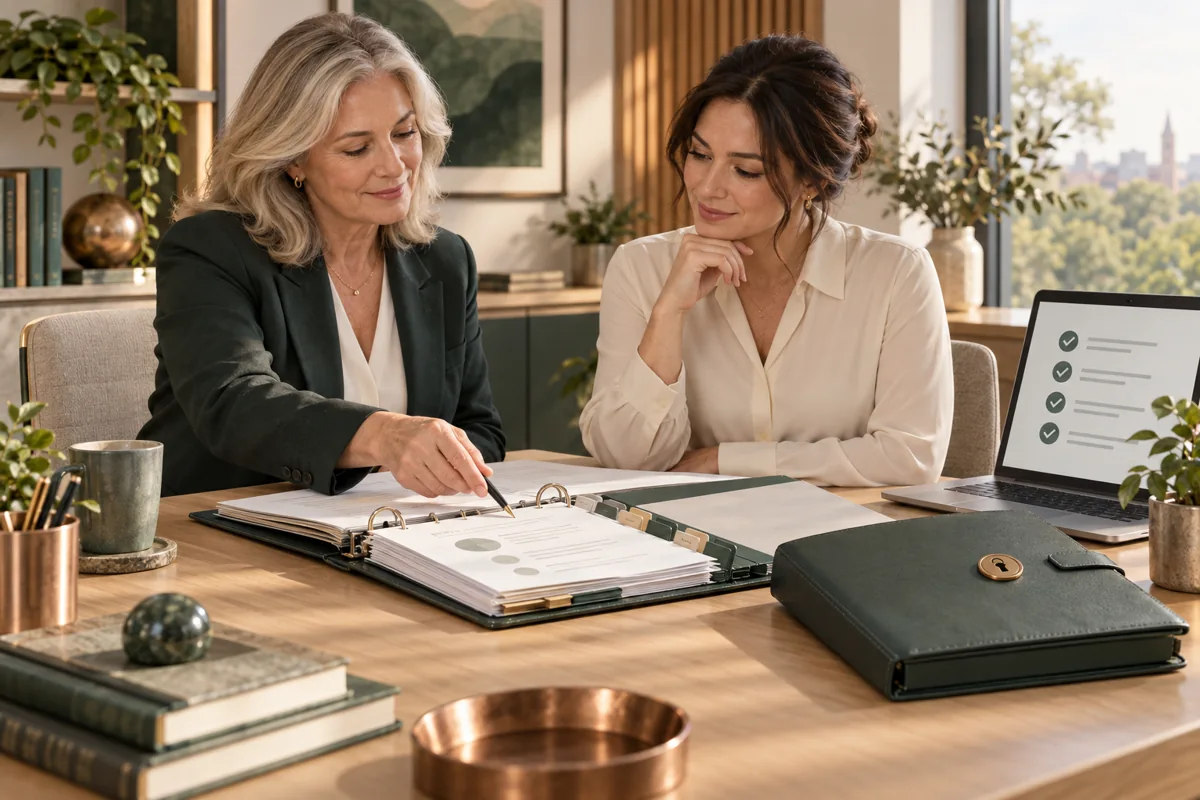 A people adviser and internal HR leader review an organised handover binder