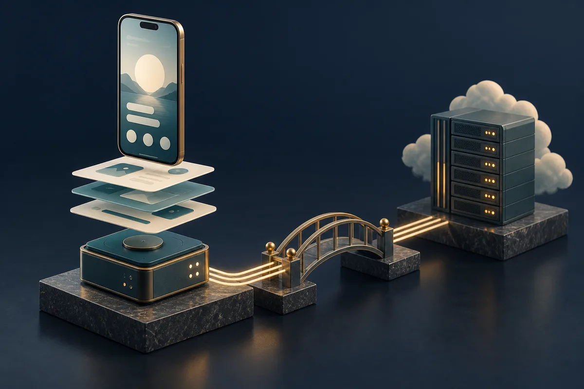 A layered phone, local storage and server illustrate the systems behind a mobile app