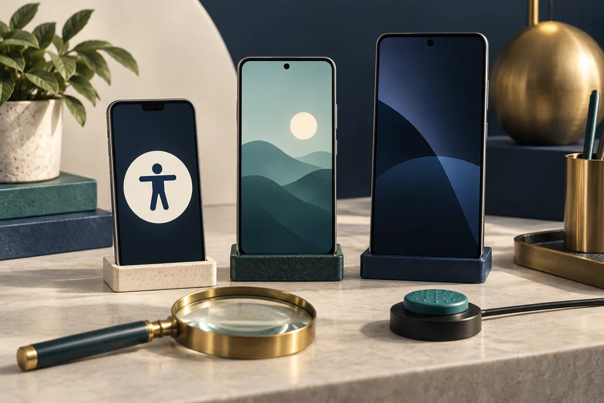Three phones of different sizes and an accessibility control illustrate a mobile testing bench