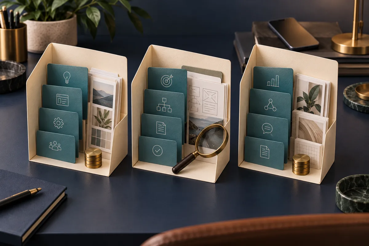 Three proposal folders with different task cards and cost tokens illustrate a scope comparison
