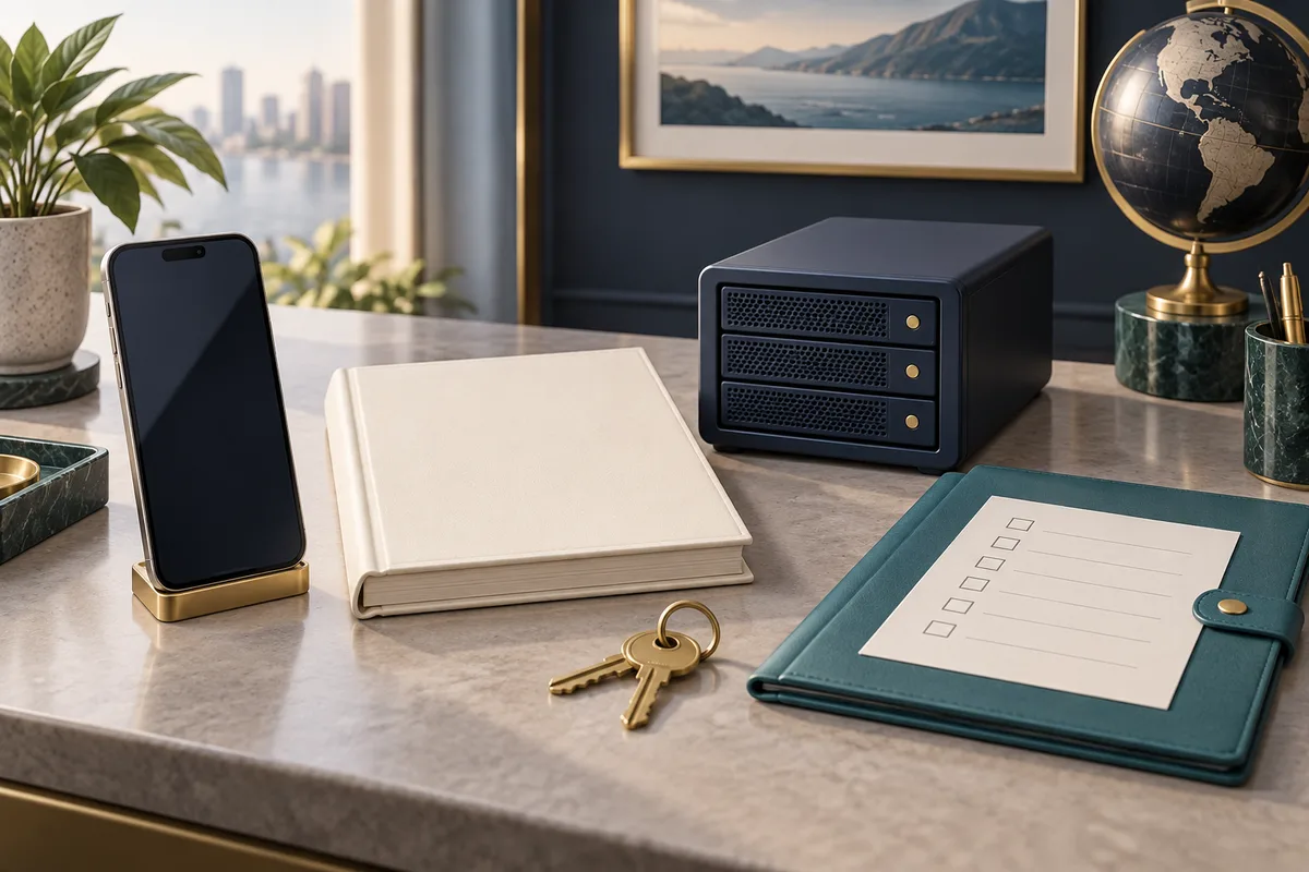 A phone, technical manual, server and keys illustrate a complete mobile-product handover