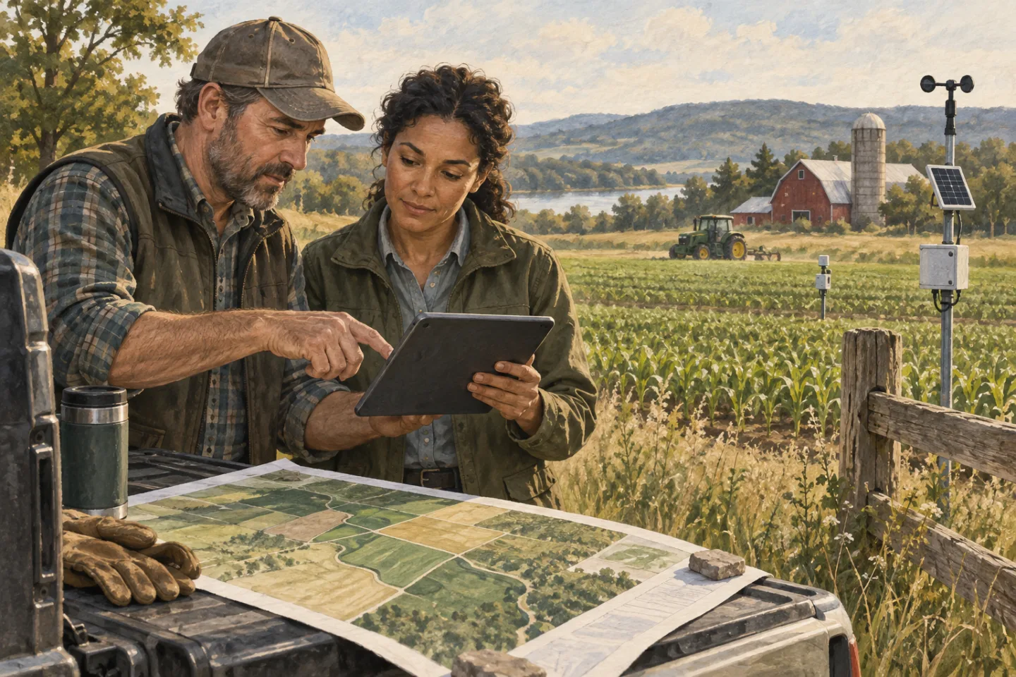 Farm manager and technology leader reviewing a field map and tablet