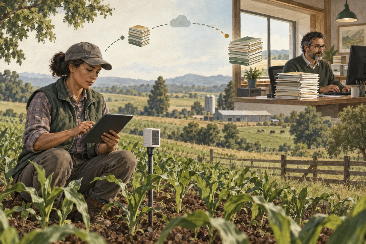 Field worker recording observations near a sensor before synchronising with the farm office