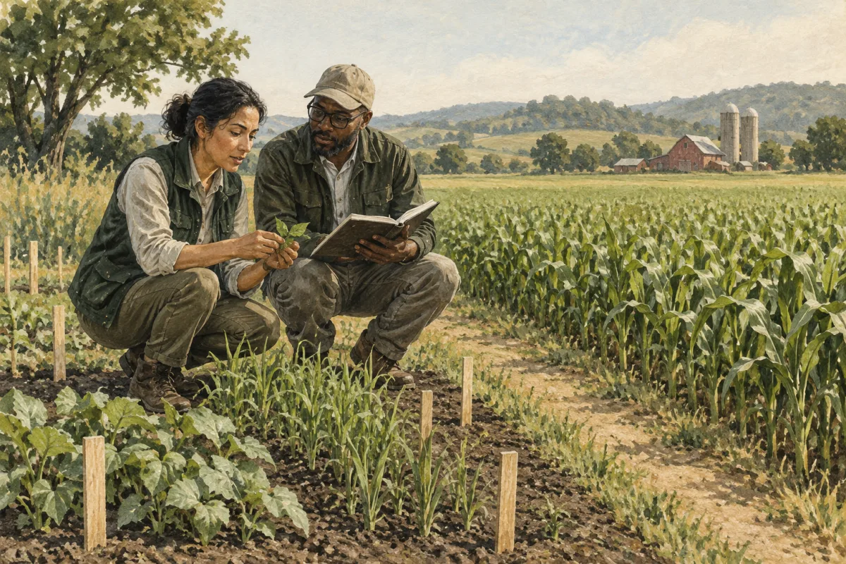 Agronomist and product leader reviewing a bounded field pilot