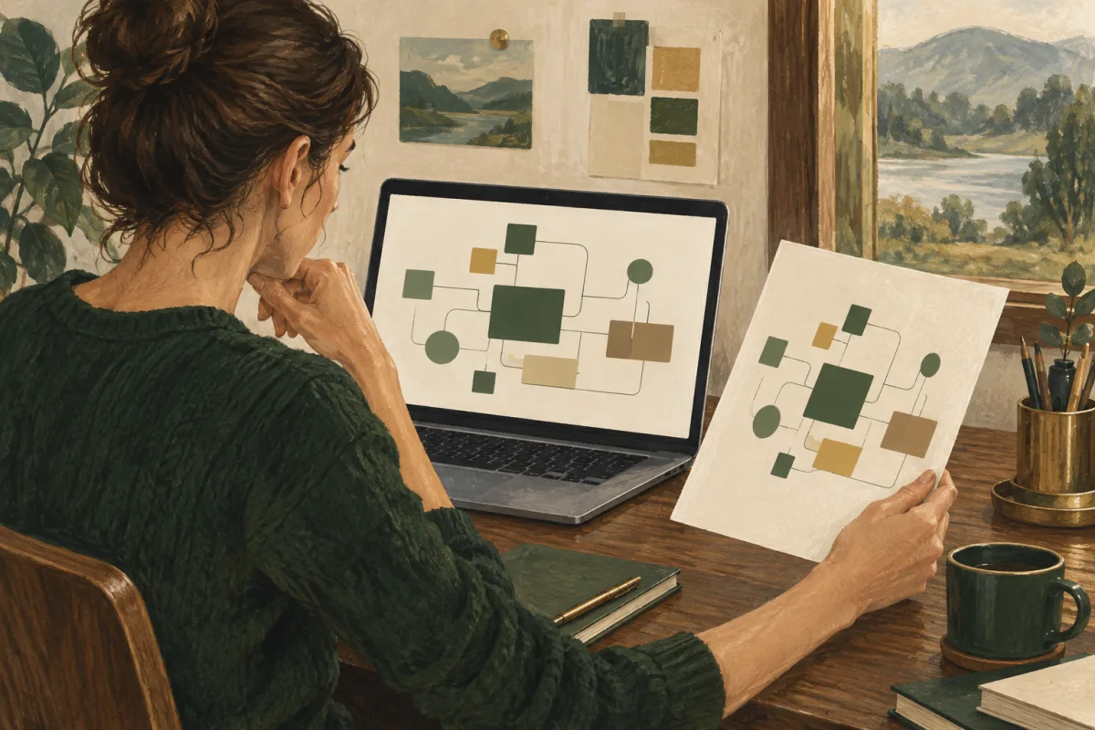 A designer comparing an editable canvas with a clean exported document