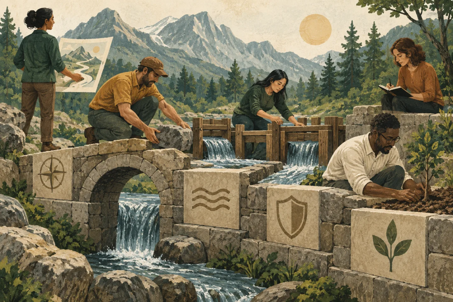 A team builds a shared system for direction, work flow, protection, and sustainable development.