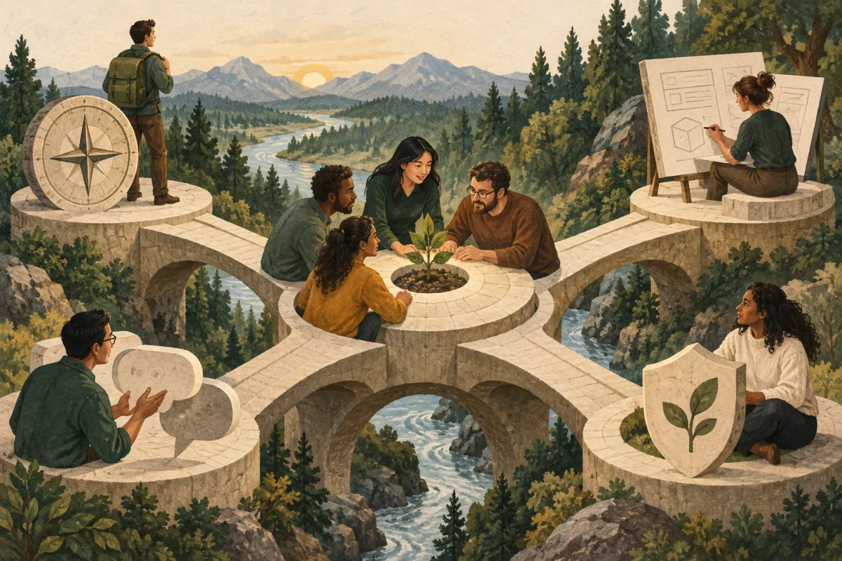 Team members connect direction, design, feedback, and a supportive environment around shared work.