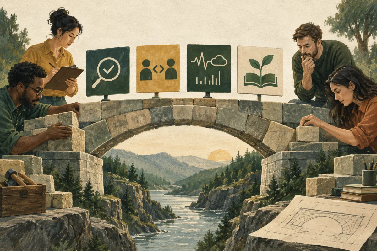 A team builds a bridge supported by checks, peer review, observation, and learning.