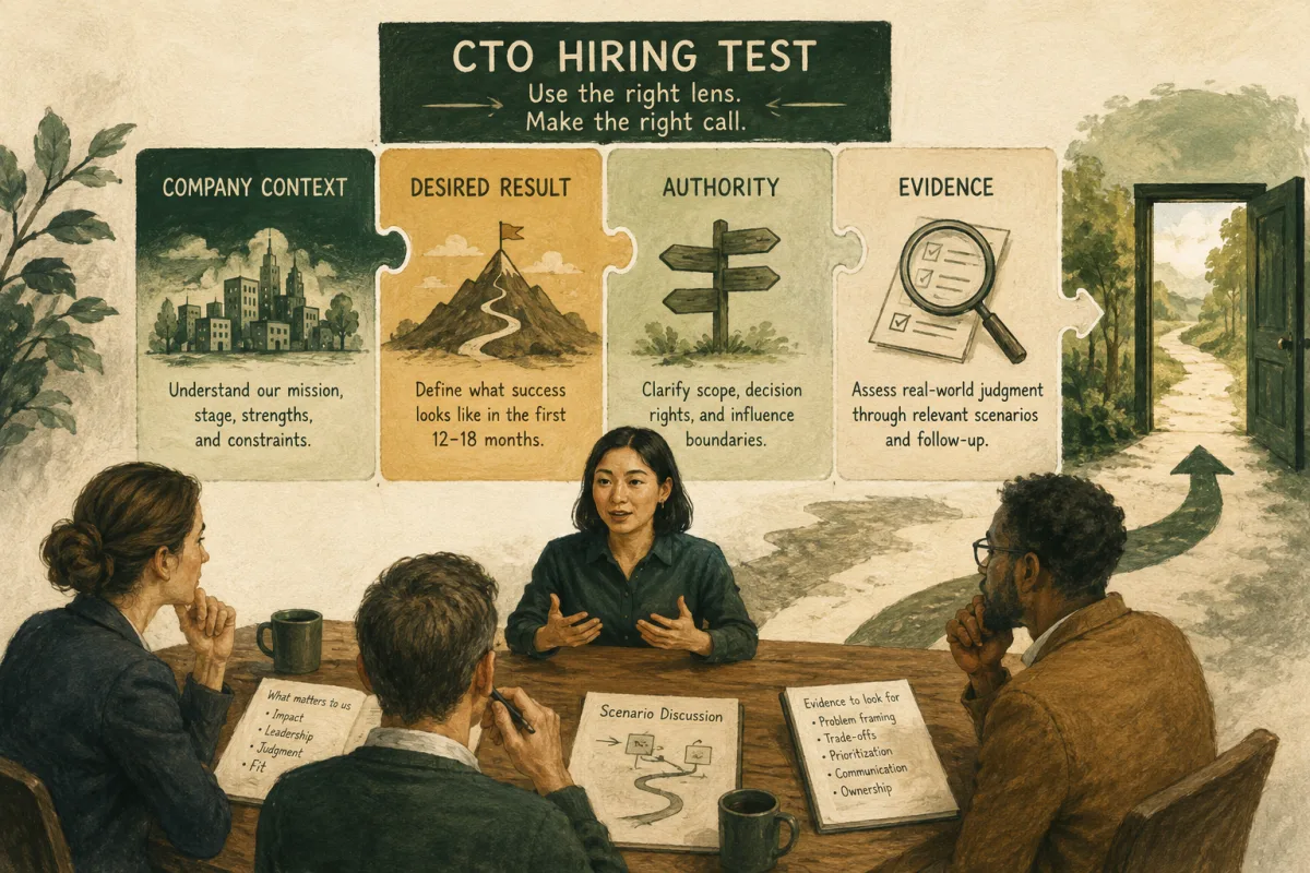 CTO hiring test using company context, desired result, authority, and evidence