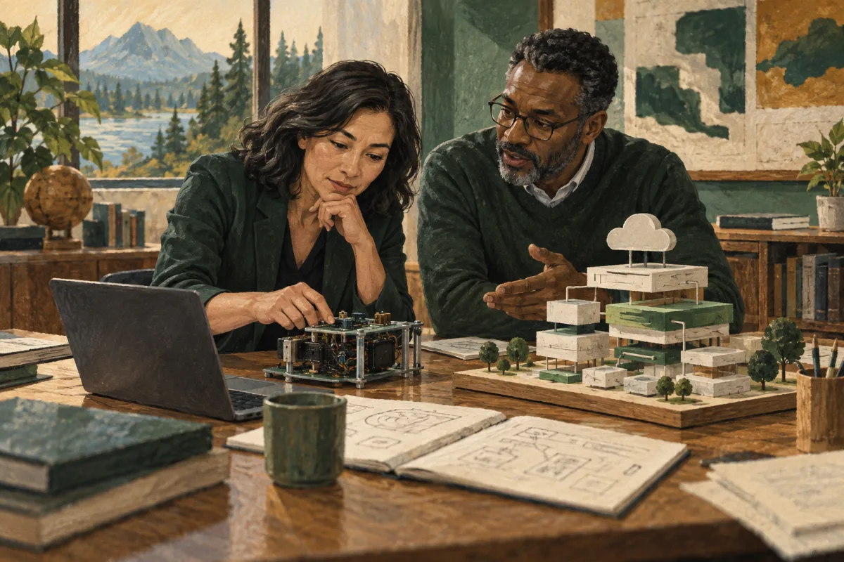 Two technology leaders examining a working prototype and an architecture model