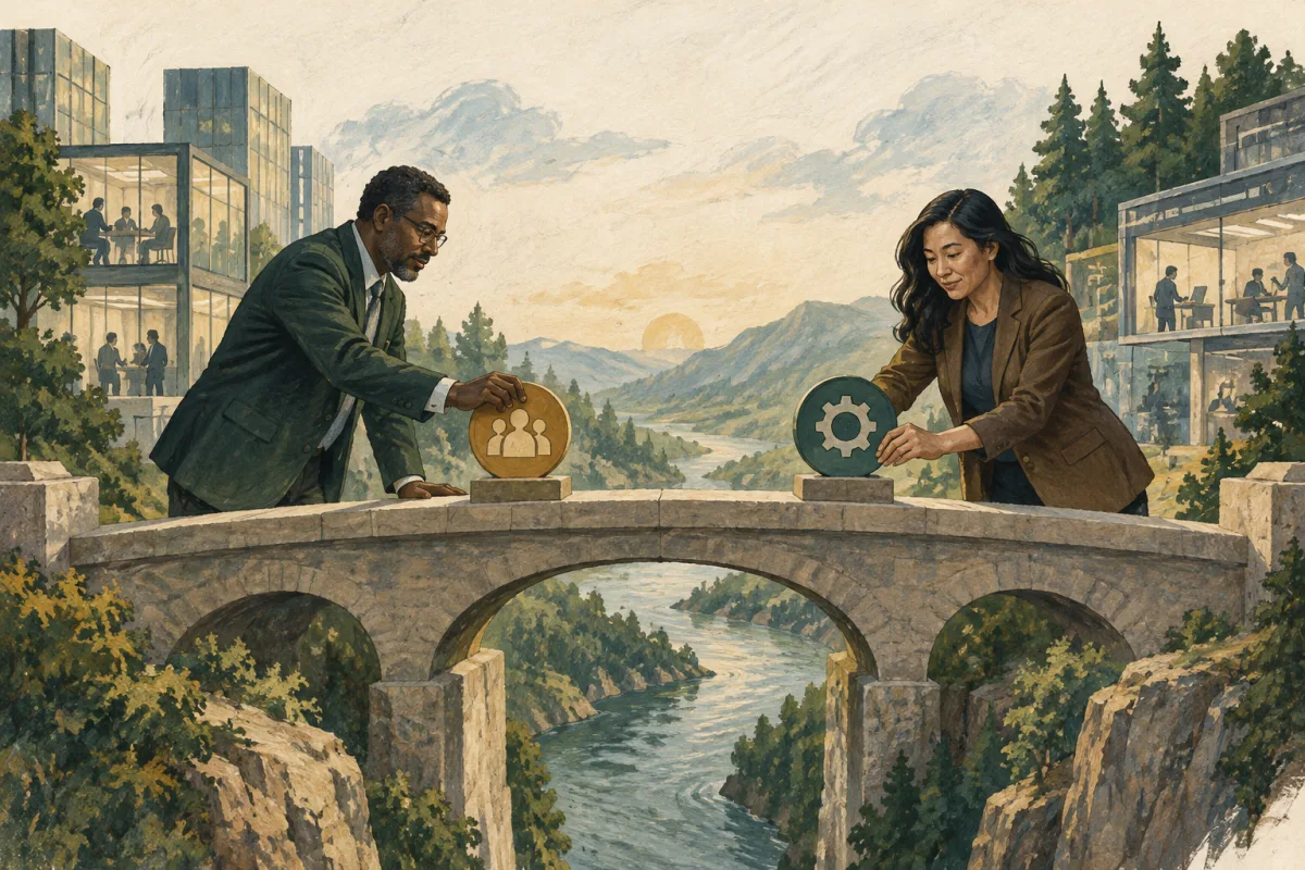 Two leaders placing people and engineering markers on a bridge
