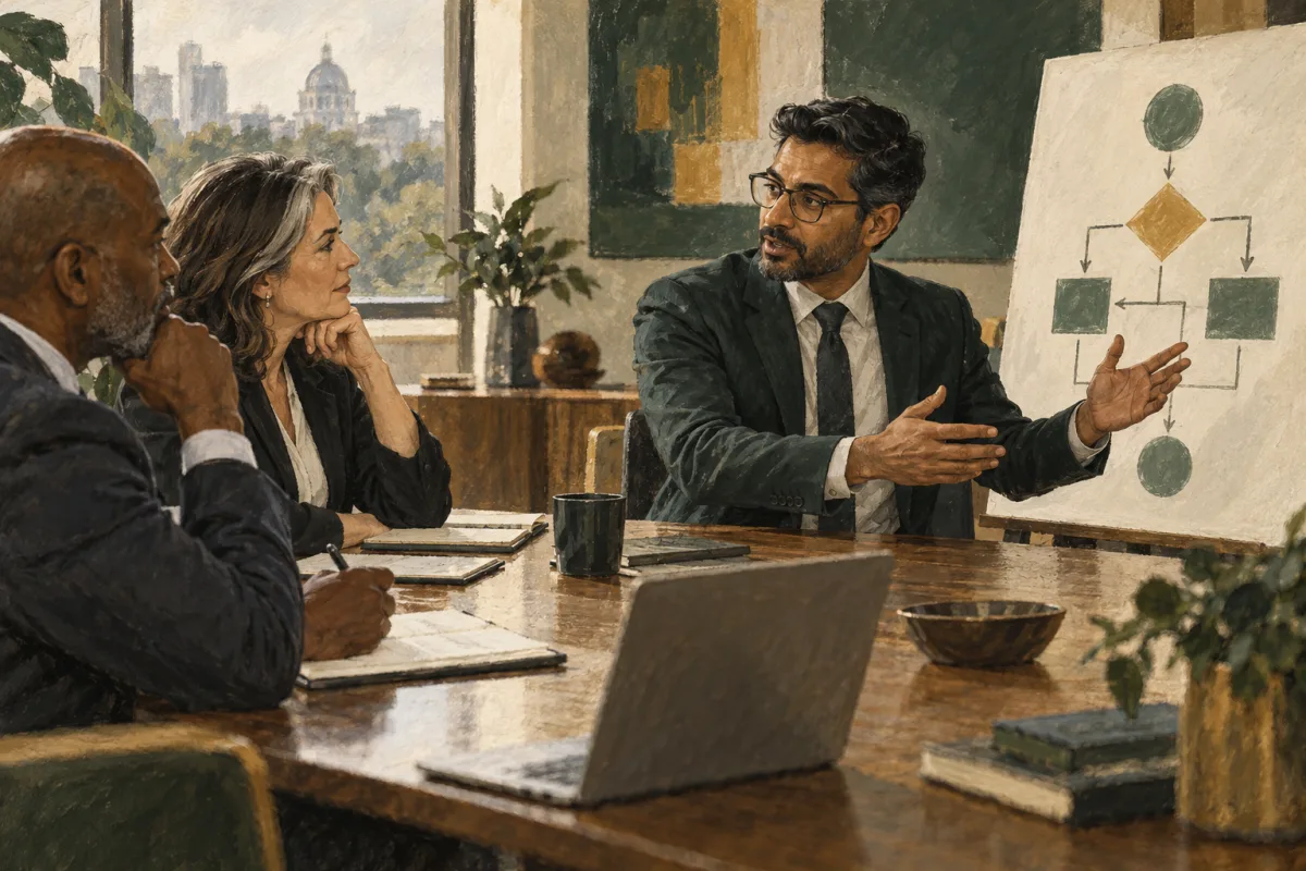 Executive candidate explaining a technology decision map to an interview panel