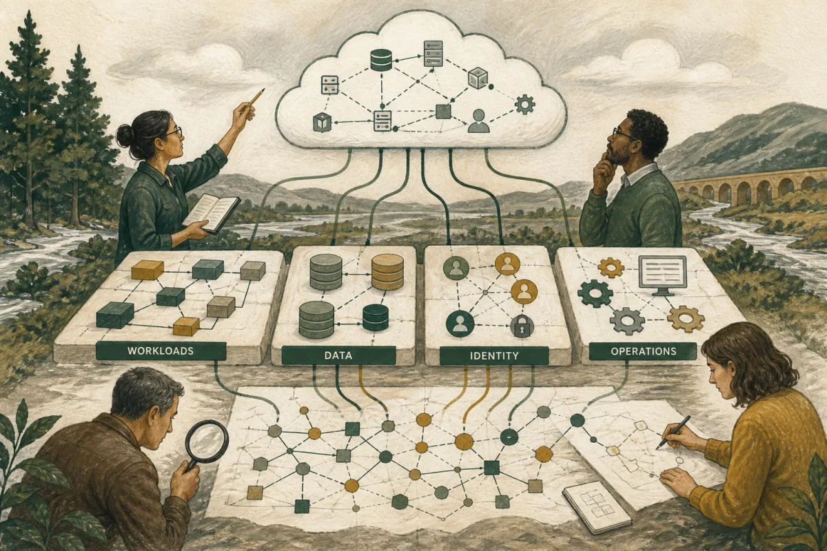 Discovery map connecting workload, data, identity, and operational dependencies.