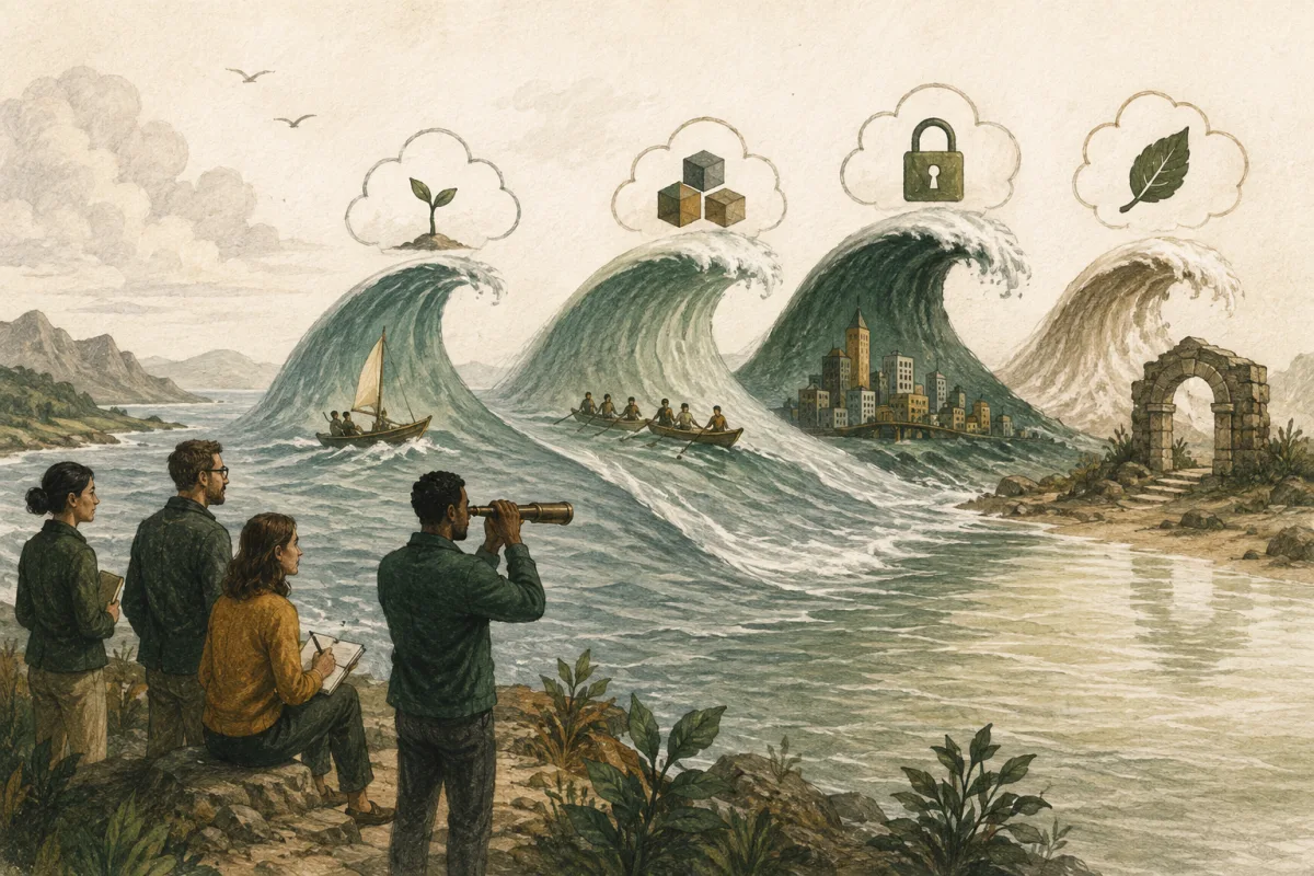 Four migration waves illustrated as a pilot, repeatable workloads, critical services, and retirement.