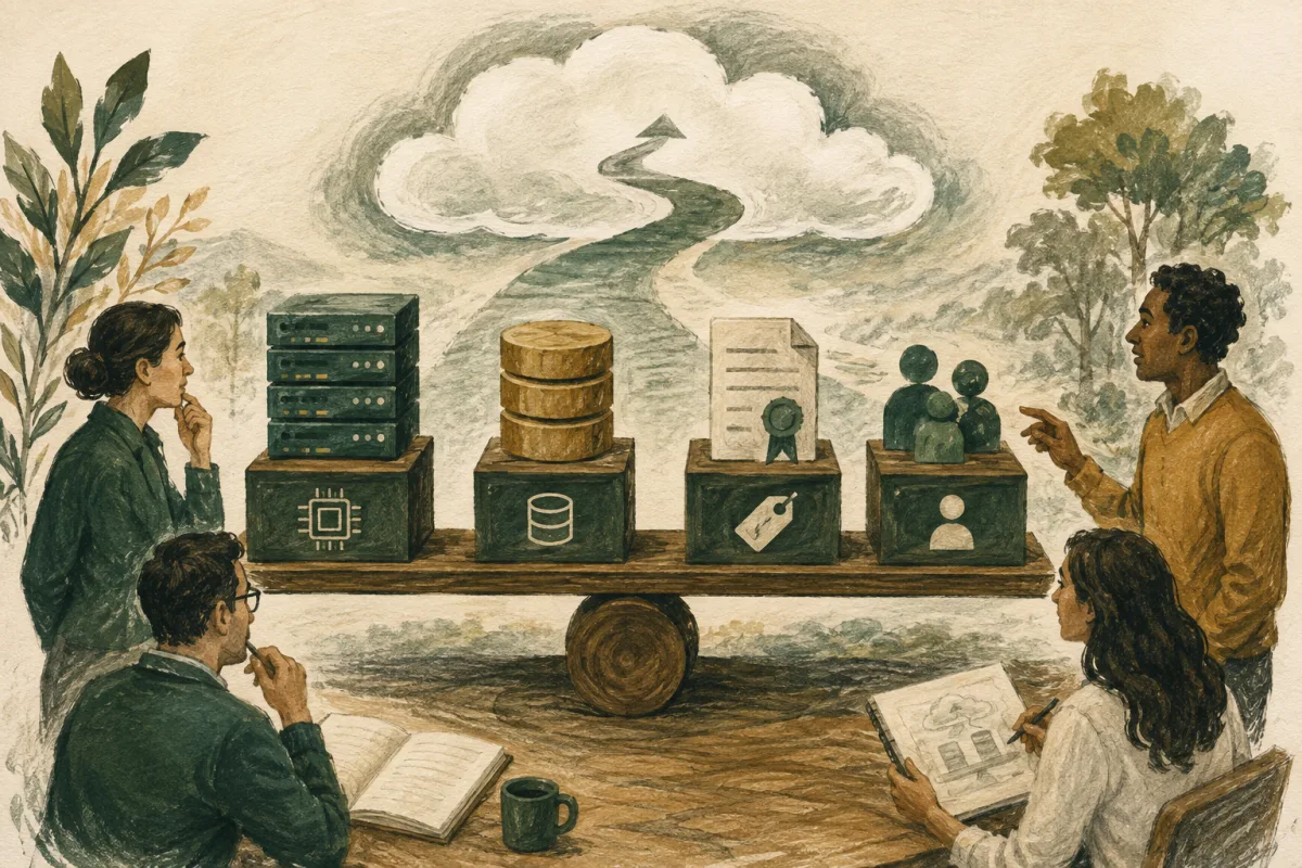 Conceptual cloud migration economics balancing compute, data, licensing, and people costs.