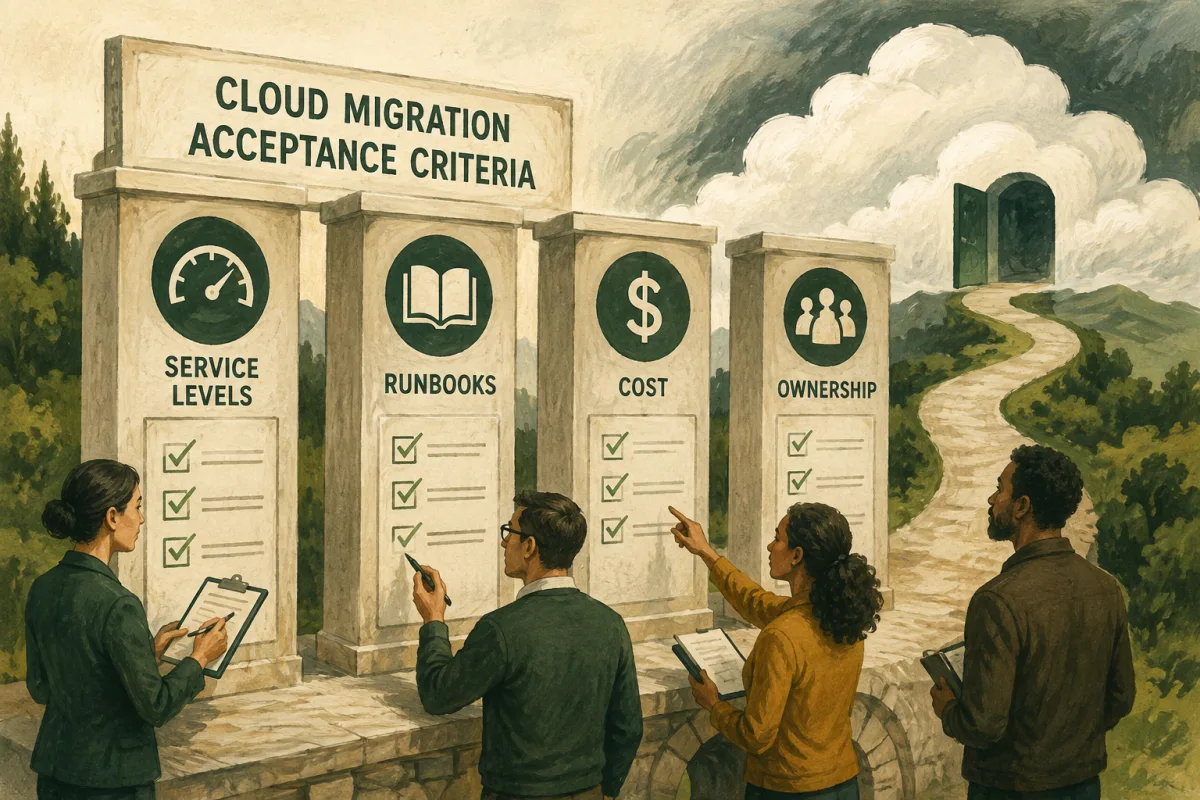 Cloud migration acceptance checklist covering service levels, runbooks, cost, and ownership.