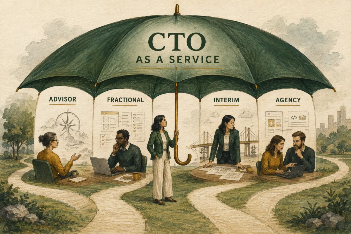 CTO as a service umbrella covering advisory, fractional, interim, and agency arrangements.