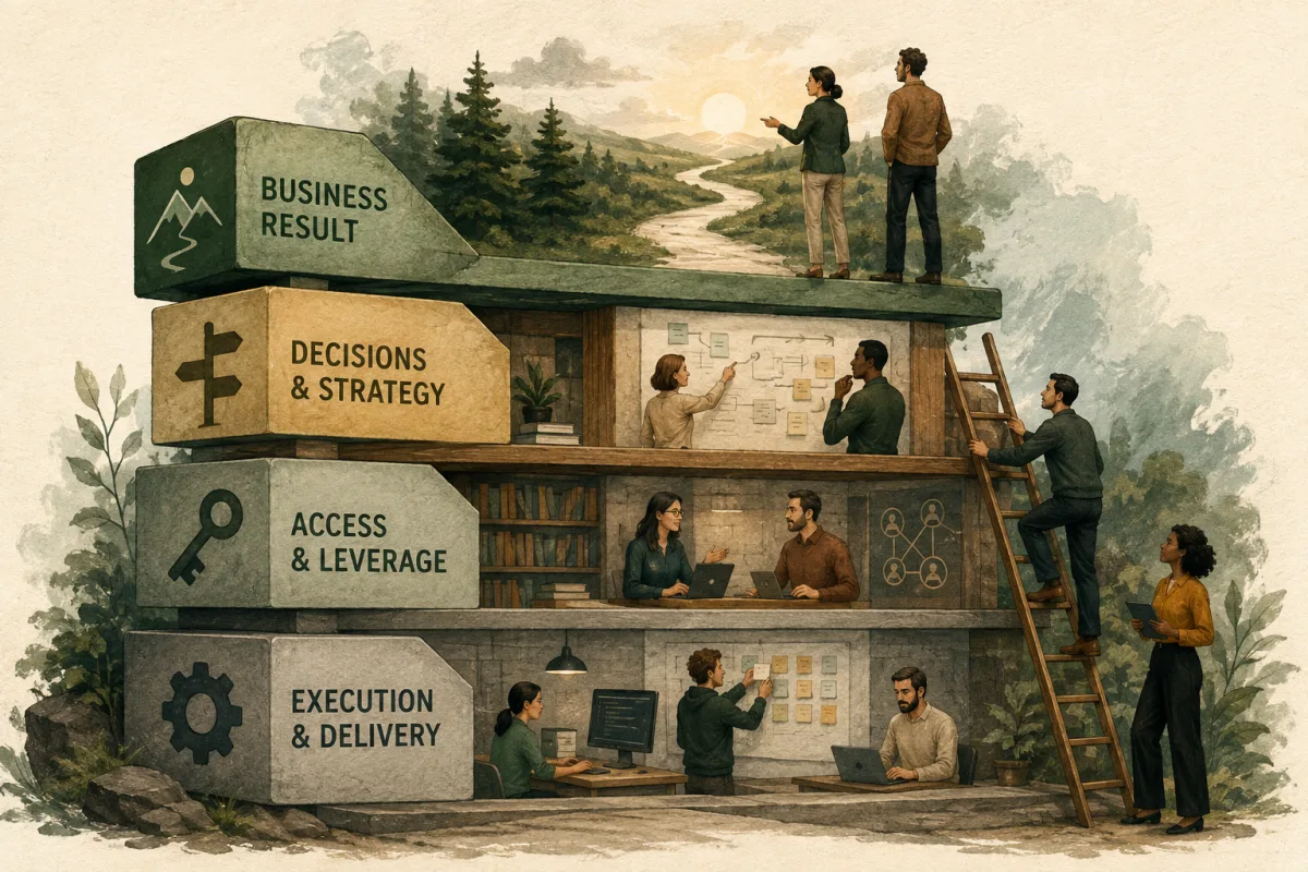Four-layer service scope connecting business results, decisions, access, and execution.