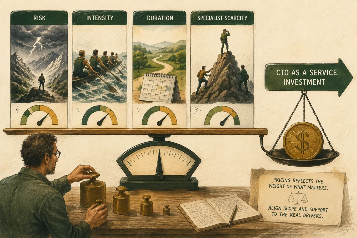 Conceptual pricing illustration balancing risk, intensity, duration, and specialist scarcity.