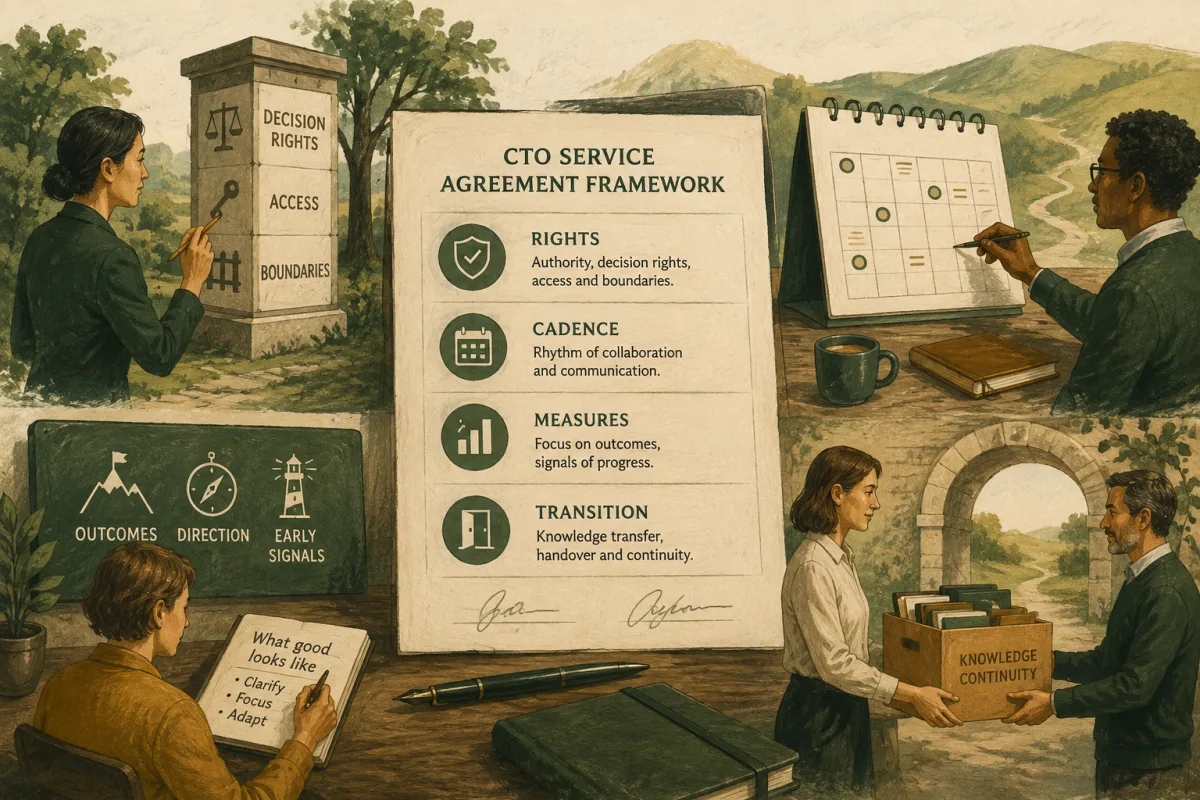 Service agreement framework covering decision rights, cadence, measures, and transition.