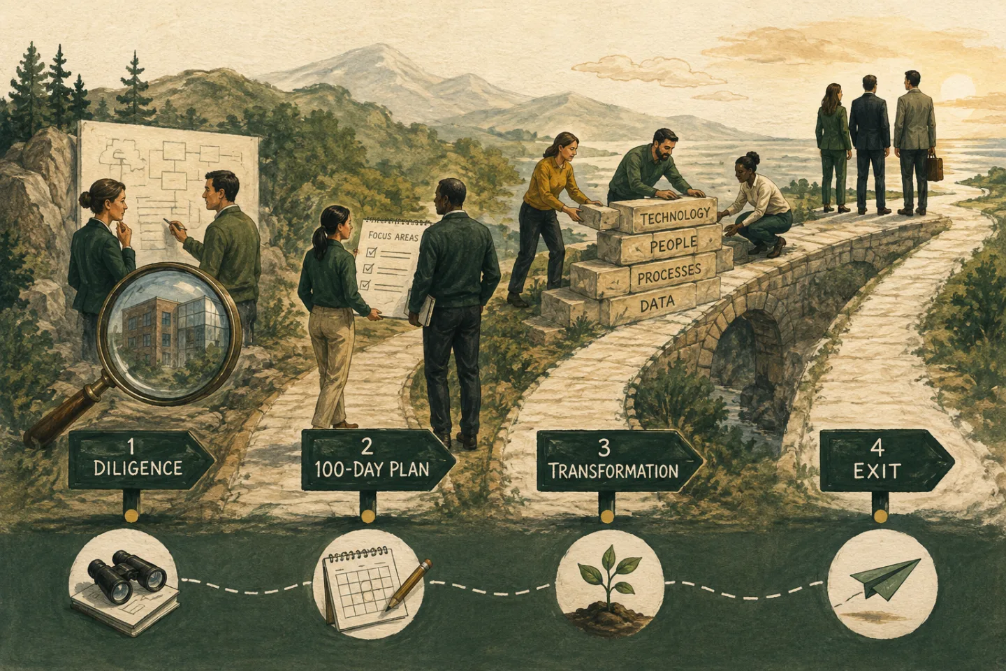 Private-equity CTO framework connecting diligence, 100-day planning, transformation, and exit