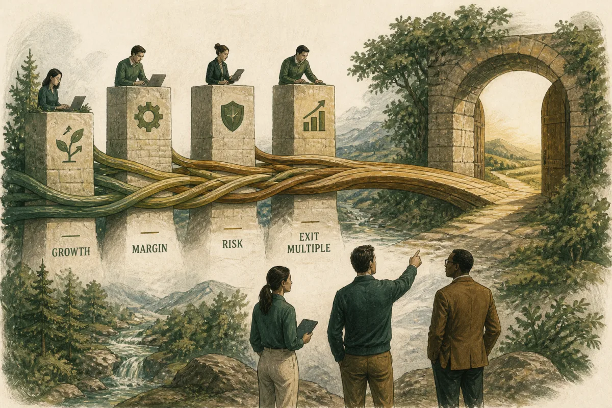 Private-equity technology thesis connecting growth, margin, risk, and exit multiple