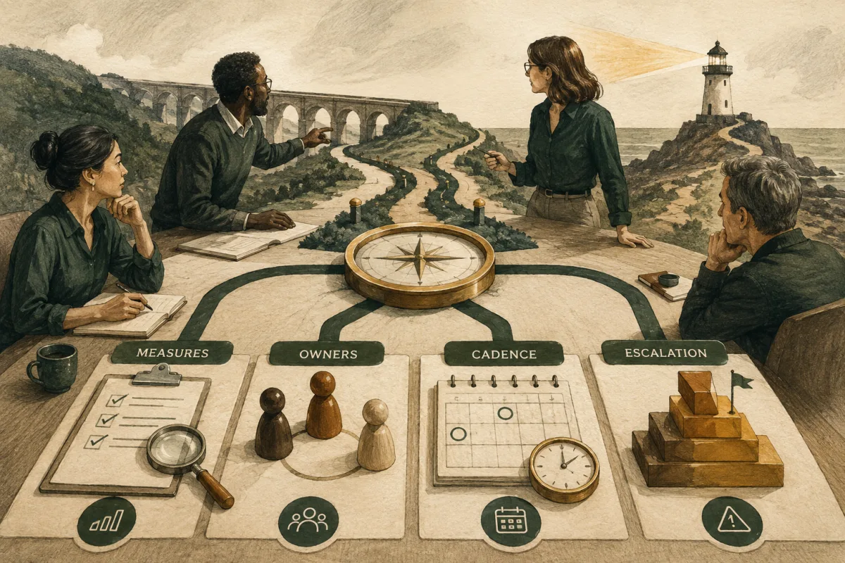Portfolio technology governance through measures, owners, cadence, and escalation