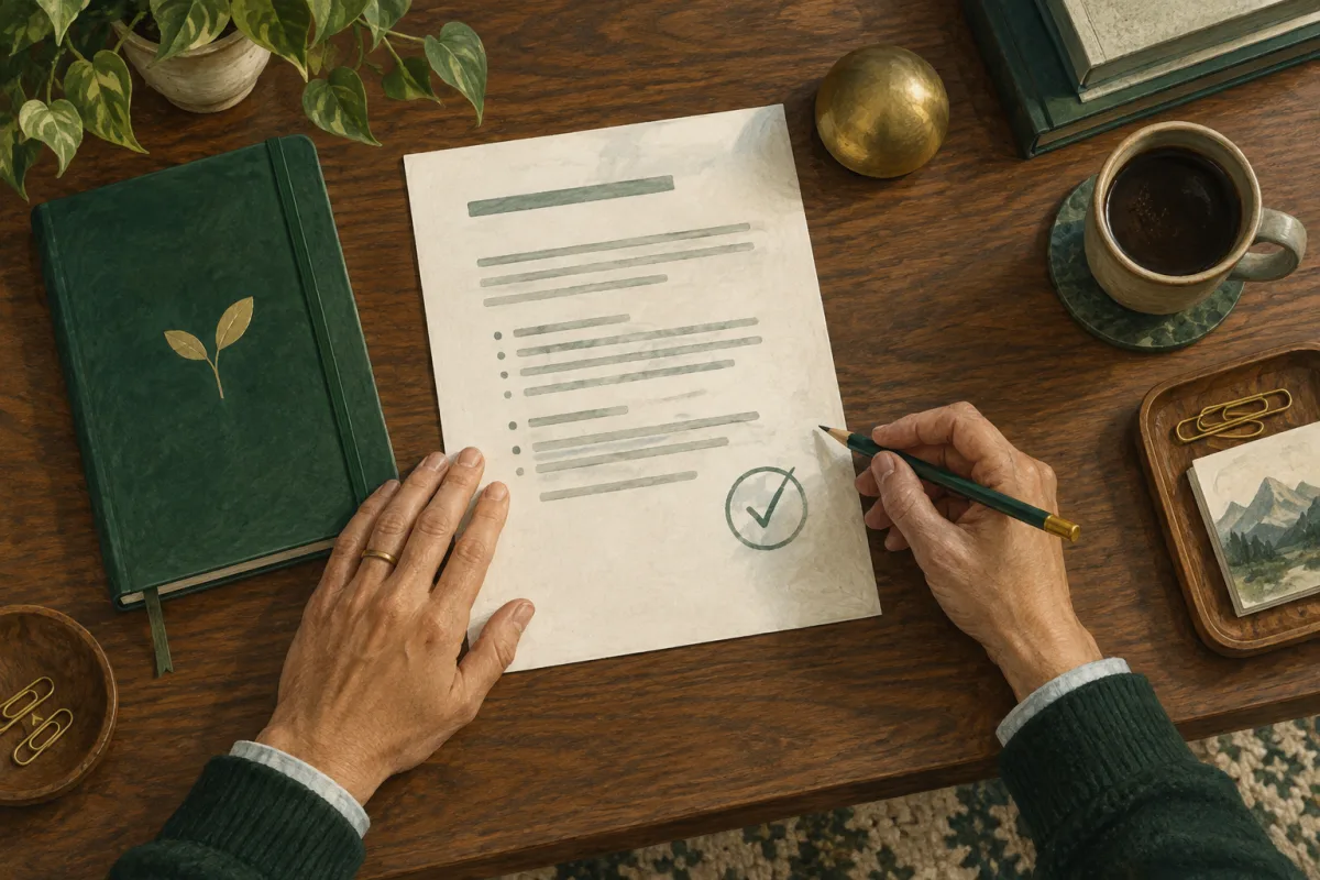 An approved role draft beside an onboarding notebook and a pen