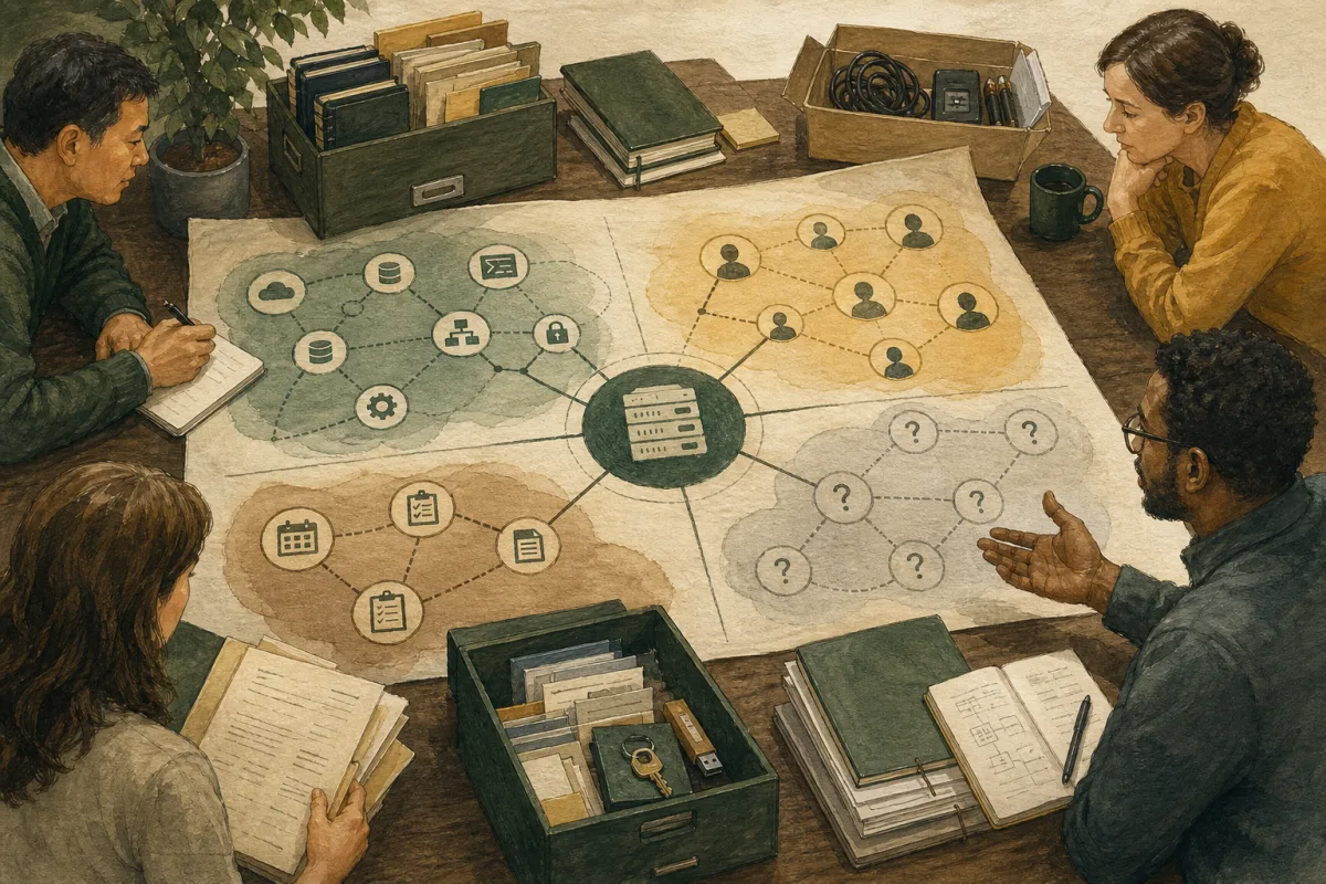 First-week continuity map covering critical systems, people, commitments, and unknowns