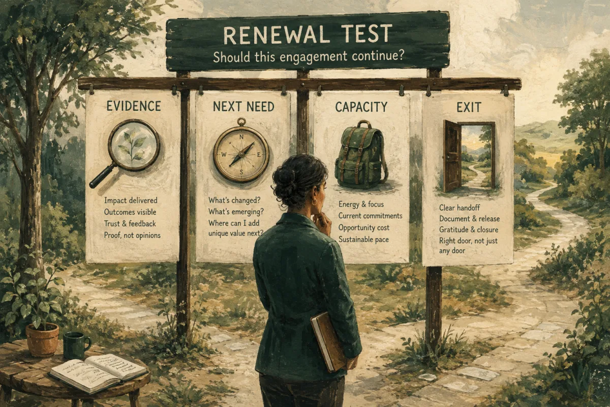 Fractional engagement renewal test covering evidence, next need, capacity, and exit